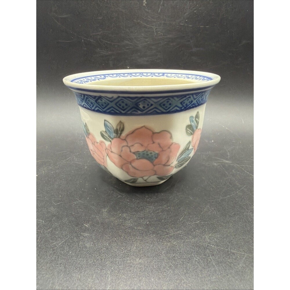 Vintage Blue, White and Pink Floral Ceramic Pot Planter